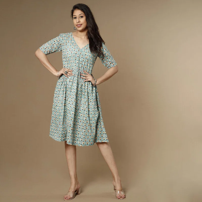 Value Deals Green - Sanganeri Block Printed Flare Cotton Dress
