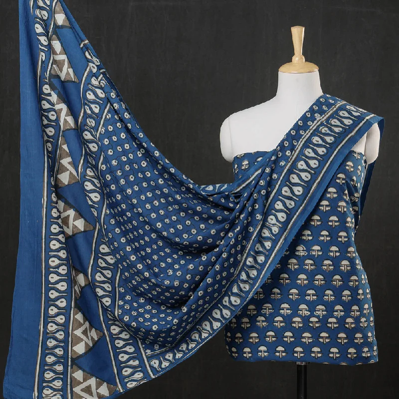 Blue - 3pc Cotton Block Printed Pipad Dress Material Set