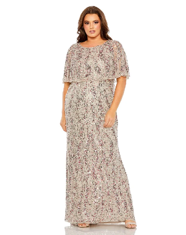 Price Drop Mac Duggal 93867 Plus Size Formal Long Sequin Cape Dress