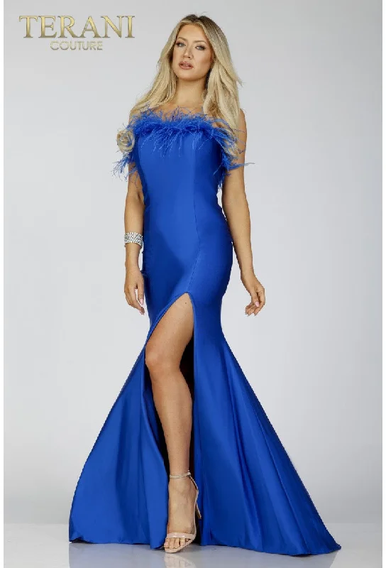 Season Finale Sale Terani Couture 231P0067 Long Formal Prom Feather Mermaid Dress