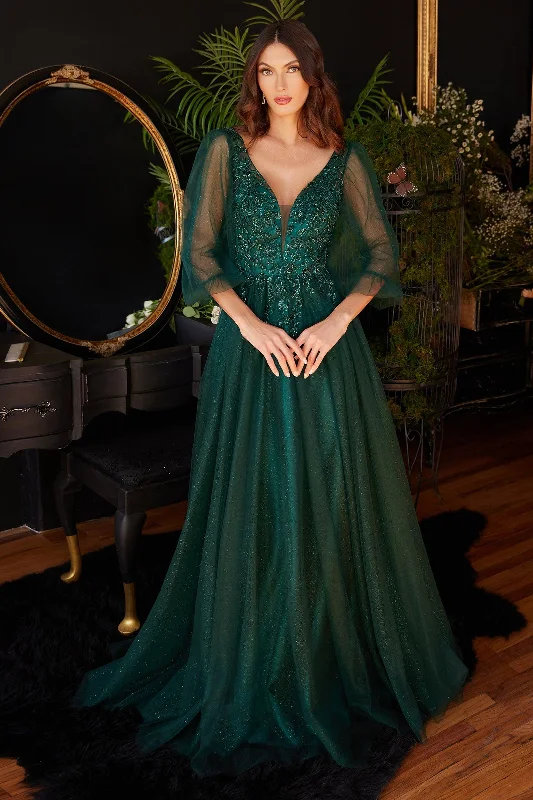 Cinderella Divine CD0182 Long Sleeve Mother of the Bride Long Tulle Dress Emerald