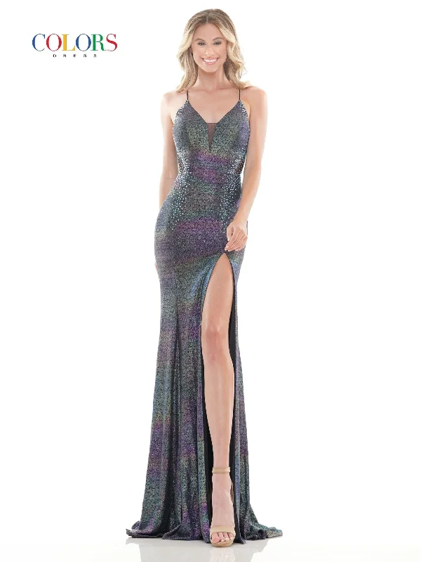 Extra Savings Colors 2669 Colors Long Spaghetti Strap Metallic Prom Gown