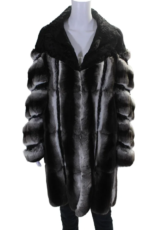 Best Deals J. Mendel Womens Hook Front Swakara Chinchilla Long Coat Gray Black
