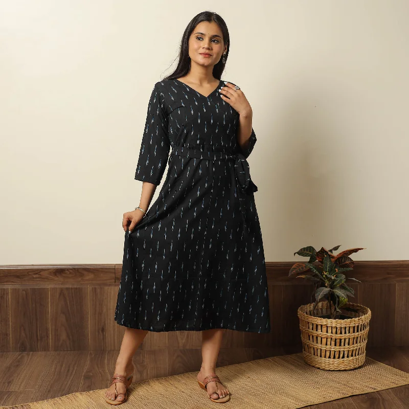 Time-Limited Offer Black - Pochampally Ikat Weave Cotton Dress with Belt 19
