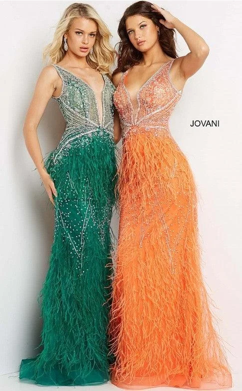 Jovani 03023 Prom Long Sleeveless Feather Dress Emerald