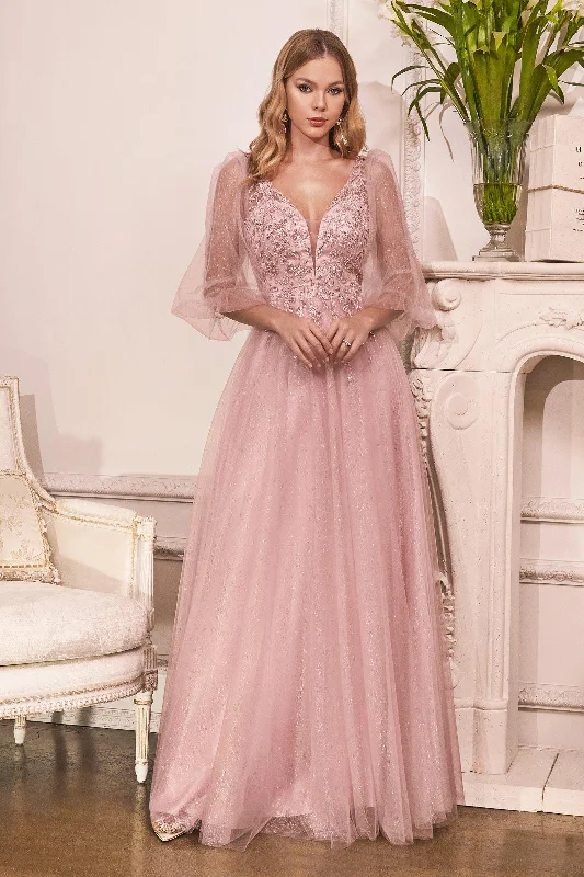 Cinderella Divine CD0182 Long Sleeve Mother of the Bride Long Tulle Dress Mauve