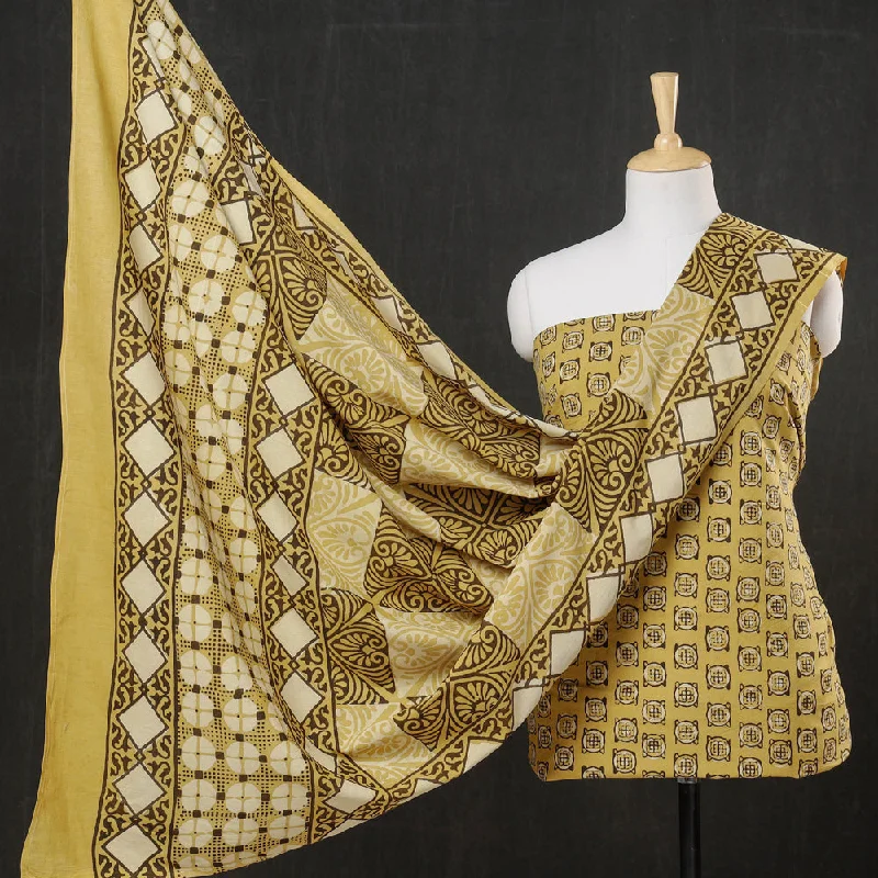 Yellow - 3pc Cotton Block Printed Pipad Dress Material Set