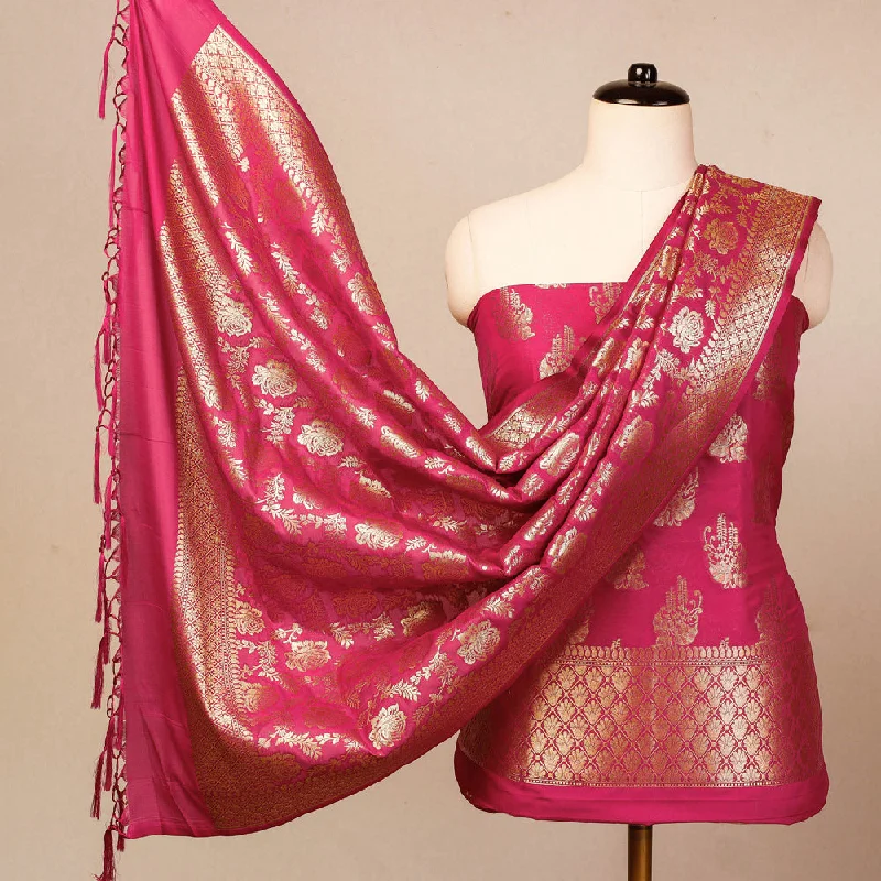 Season Finale Sale Pink - 3pc Zari Jaal & Buti Silk Banarasi Dress Material