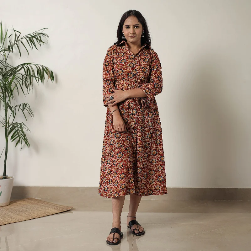 Red - Pedana Kalamkari Block Printed Cotton Dress 11