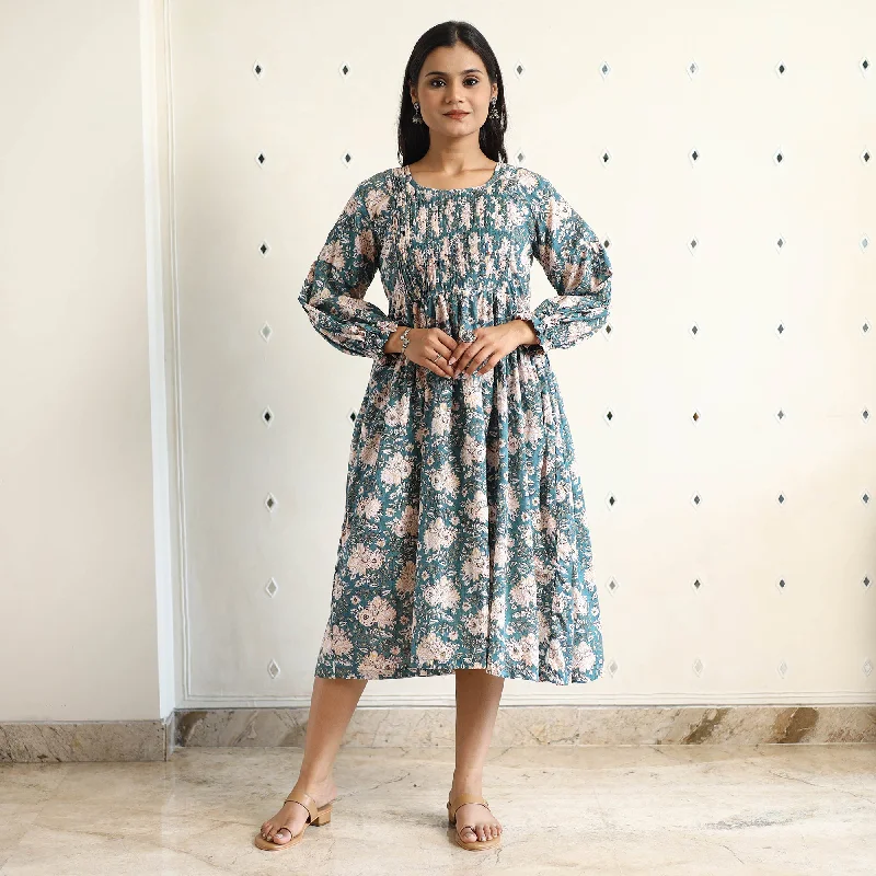 Low Prices Green - Sanganeri Block Printed Cotton Pintuck Flared Dress 16