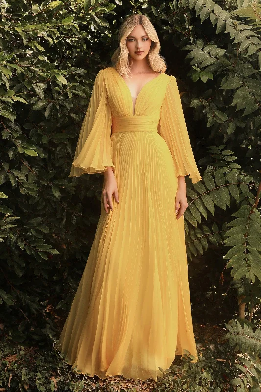 Cinderella Divine CD242 Long Sleeve Pleated Formal Prom Dress Yellow