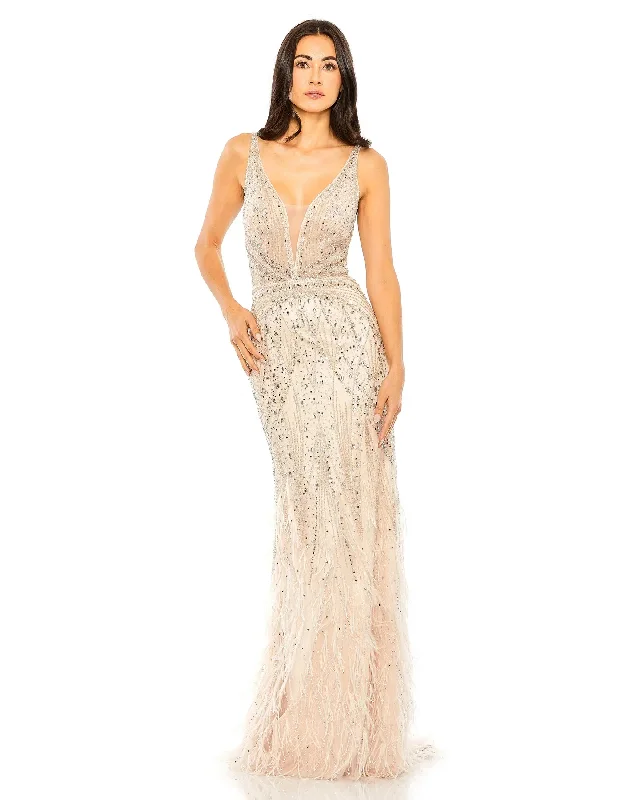 New Deals Mac Duggal 11120 Long Beaded Formal Prom Feather Dress