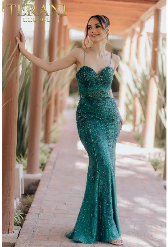 Fantastic Offers Terani Couture 232GL1402 Long Beaded Formal Prom Fitted Dress