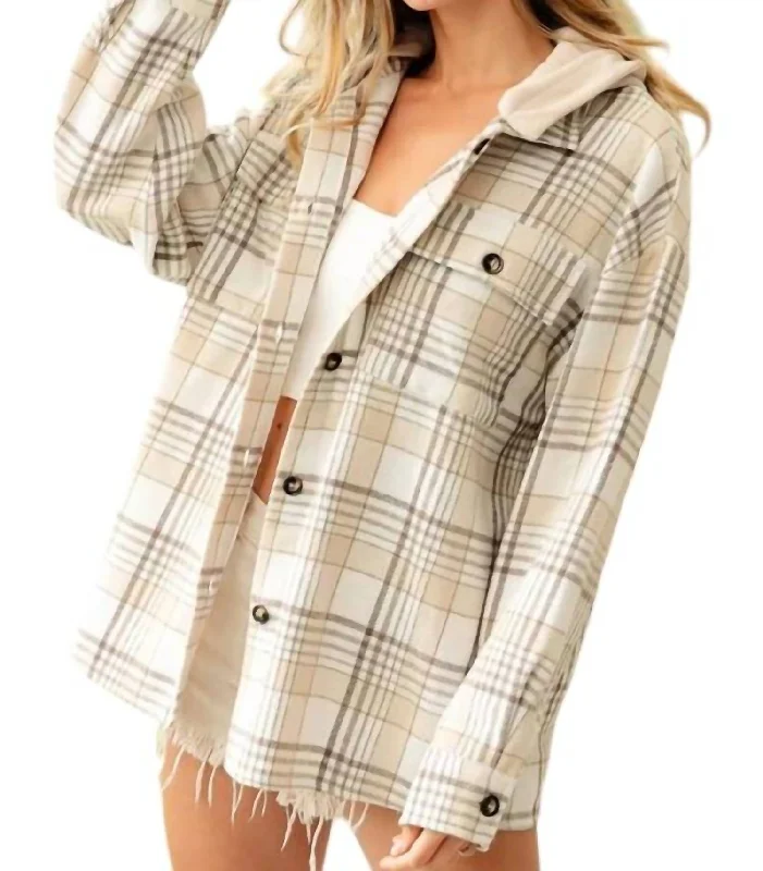 Flash Deals Hooded Flannel Jacket In Oatmeal Multi