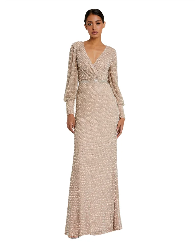 One-DAY Sale Mac Duggal 10062 Long Sleeve Beaded Formal Evening Dress