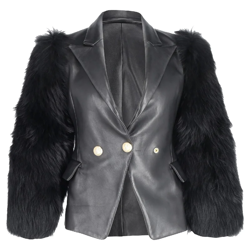 Super Deal Balmain Single Breasted Fur Sleeve Blazer in Black Leather