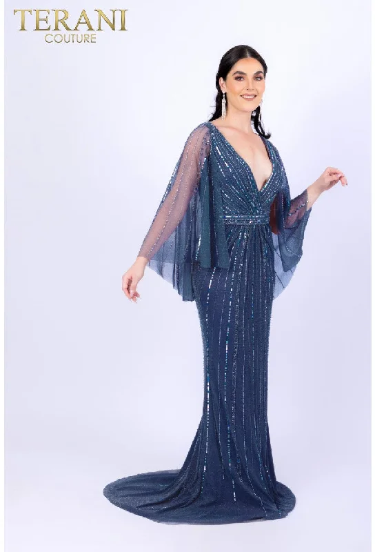 YEAR-End Clearance Terani Couture 232M1501 Long Mother of the Bride Beaded Cape Dress