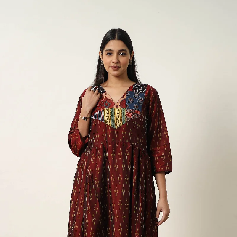 Limited Stock Red - Mercerized Cotton Flared Pochampally Ikat Dress 05