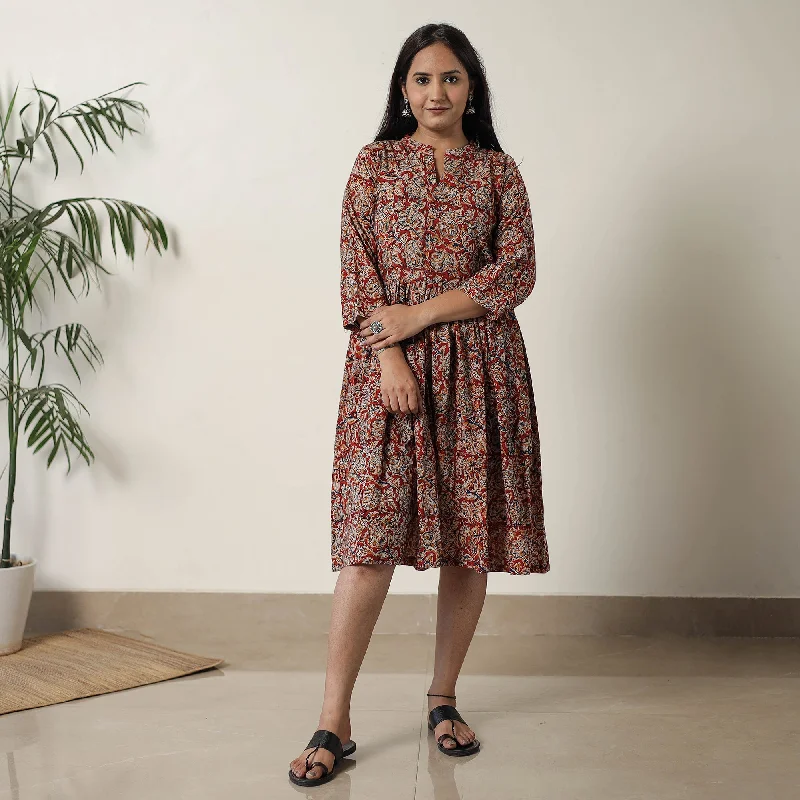 Red - Pedana Kalamkari Block Printed Cotton Flared Dress 02