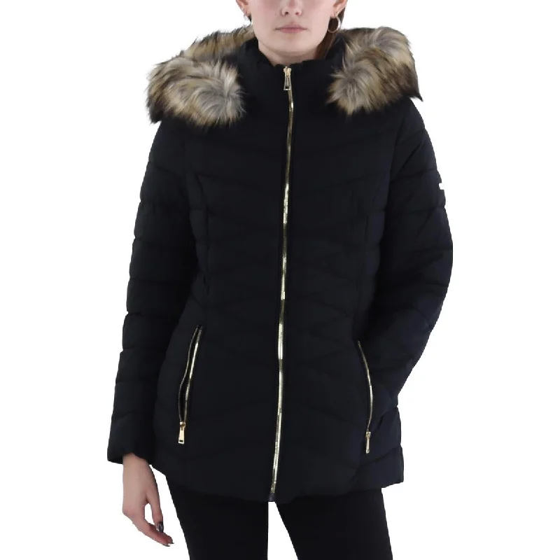 Womens Faux Fur Trim Hooded Puffer Jacket