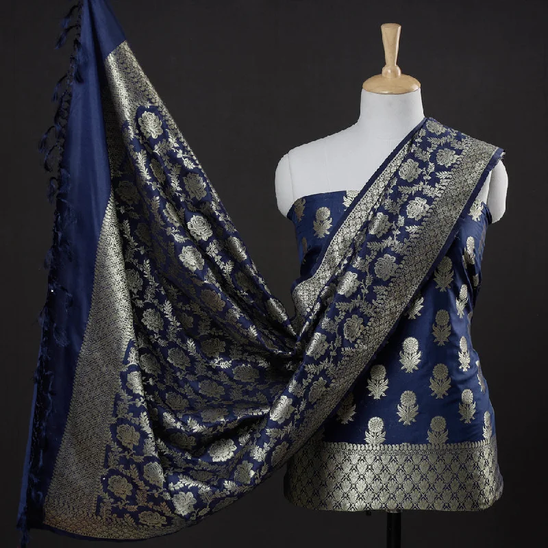 Super Sale Blue - 3pc Zari Jaal & Buti Silk Banarasi Dress Material