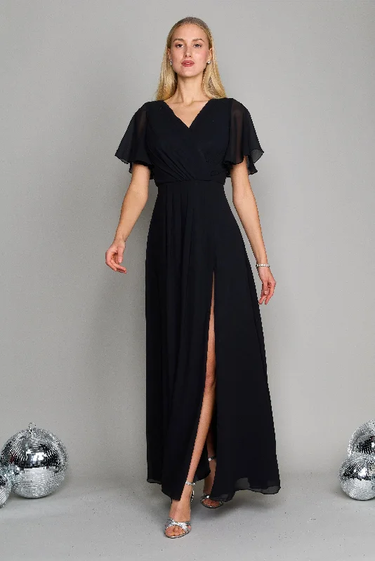 Weekend Deal Short Sleeve Chiffon Formal Dress Black