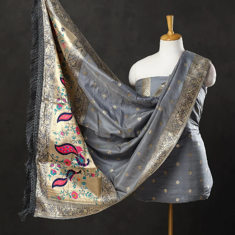 Grey - 3pc Weave Silk Paithani Dress Material 05