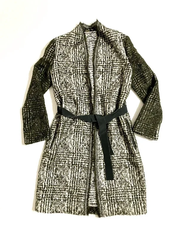 Limited Availability Women's Wool Belted Open Front Coat In Green/white