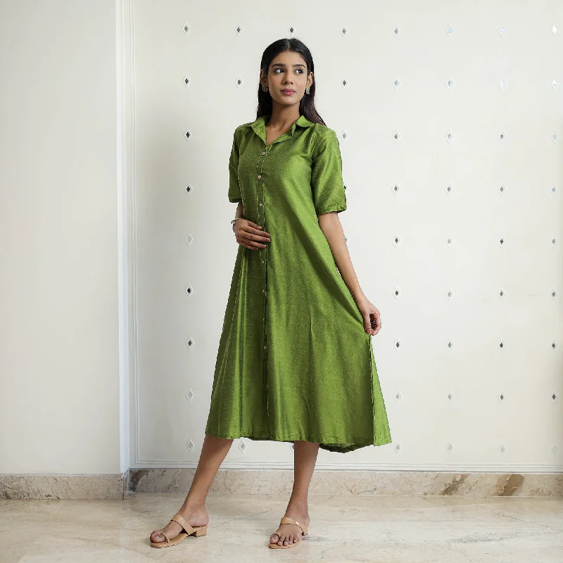 Khyati Green Slub Silk Plain Dress