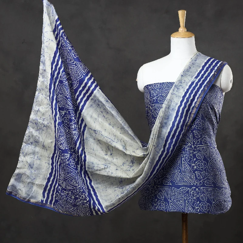 Blue - 2pc Maheshwari Silk Hand Batik Print Dress Material