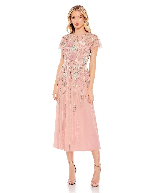 Stock Clearance Mac Duggal 9134 A Line Formal Floral Print Midi Dress