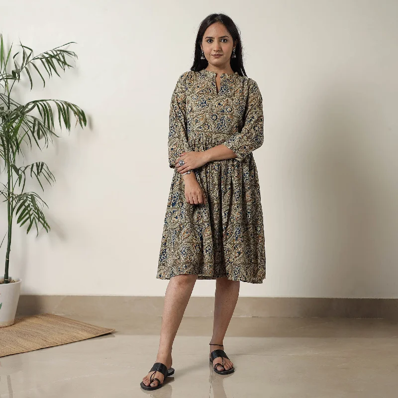 Brown - Pedana Kalamkari Block Printed Cotton Flared Dress 09