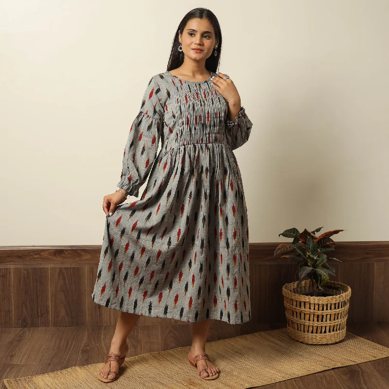 Final Sale Grey - Pochampally Ikat Weave Cotton Pintuck Flared Dress 05