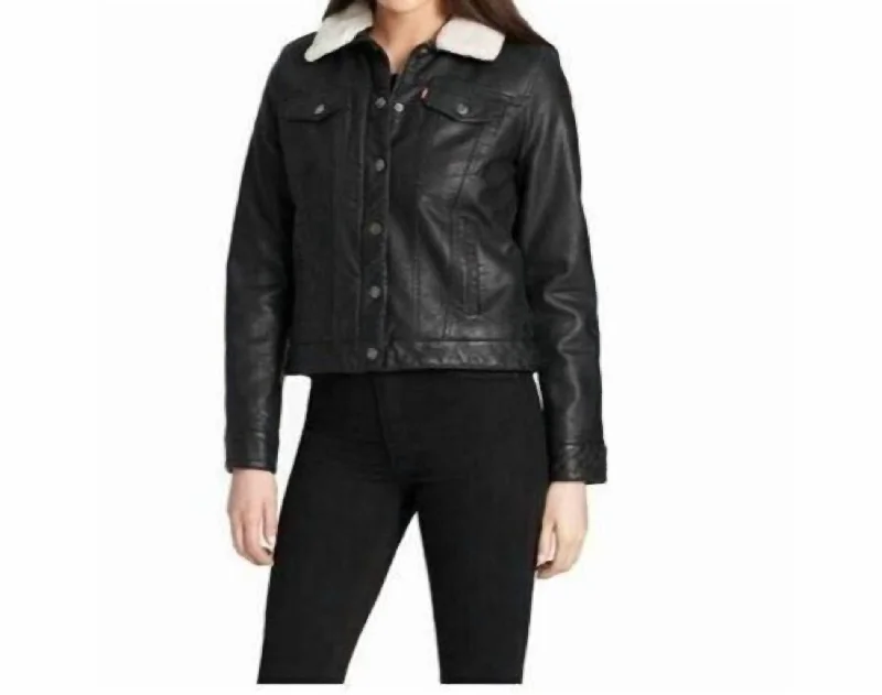 Deal Alert Classic Lined Sherpa Faux Leather Trucker Jacket In Black