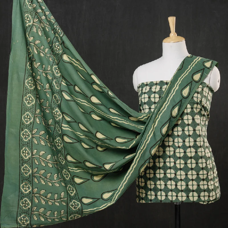 Green - 3pc Cotton Block Printed Pipad Dress Material Set