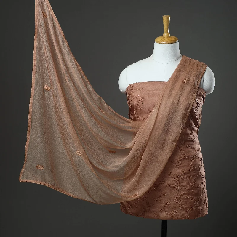 Amazing Deals Brown - 3pc Hand Embroidery Dupion Silk Phulkari Dress Material 24