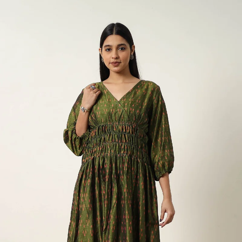 Price Drop Green - Mercerized Cotton Flared Pochampally Ikat Dress 06