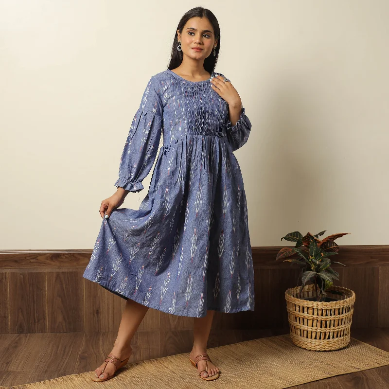 Limited Time Blue - Pochampally Ikat Weave Cotton Pintuck Flared Dress 04