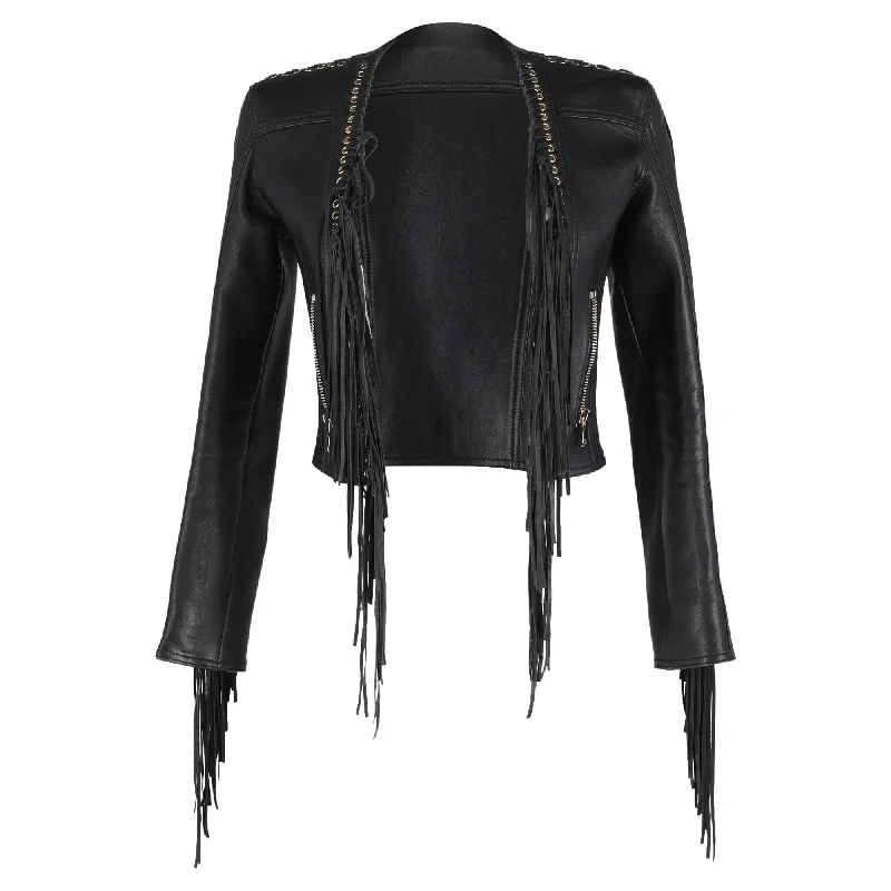 Midnight Madness Balmain Fringe Cropped Jacket in Black Leather