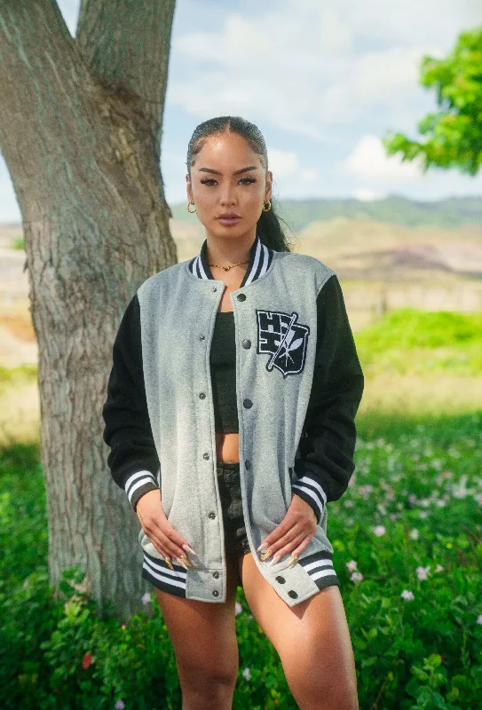 HEATHER GRAY & BLACK SPLIT LOGO VARSITY JACKET