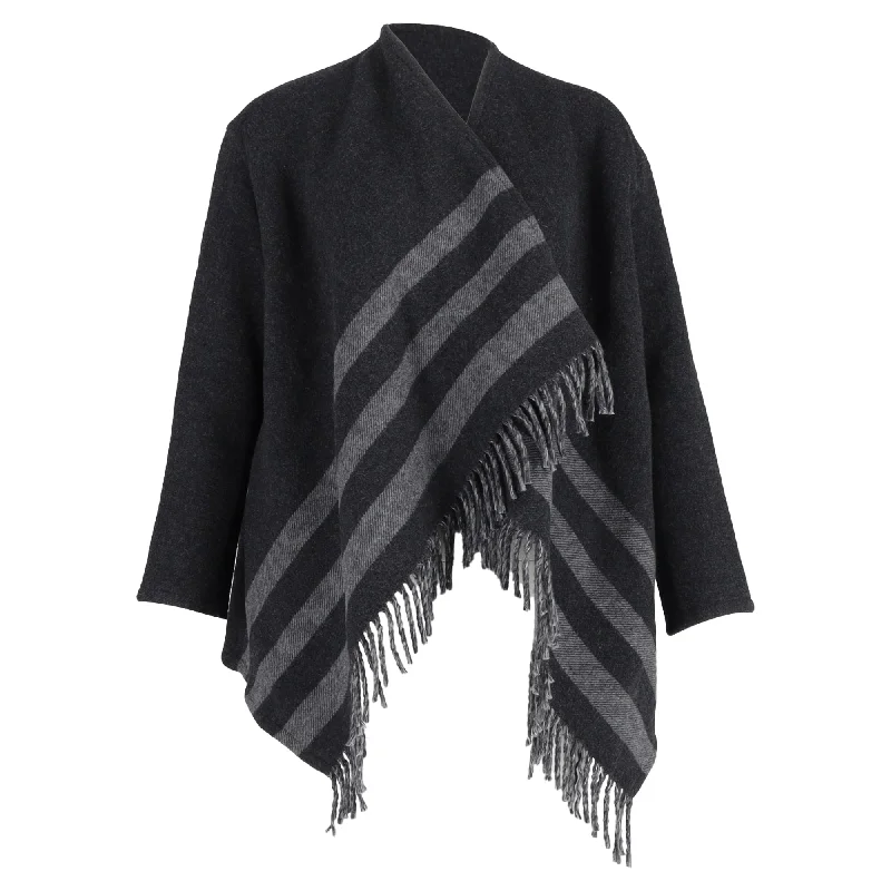 Maje Gilla Jacquard Fringe Cardigan in Grey Wool