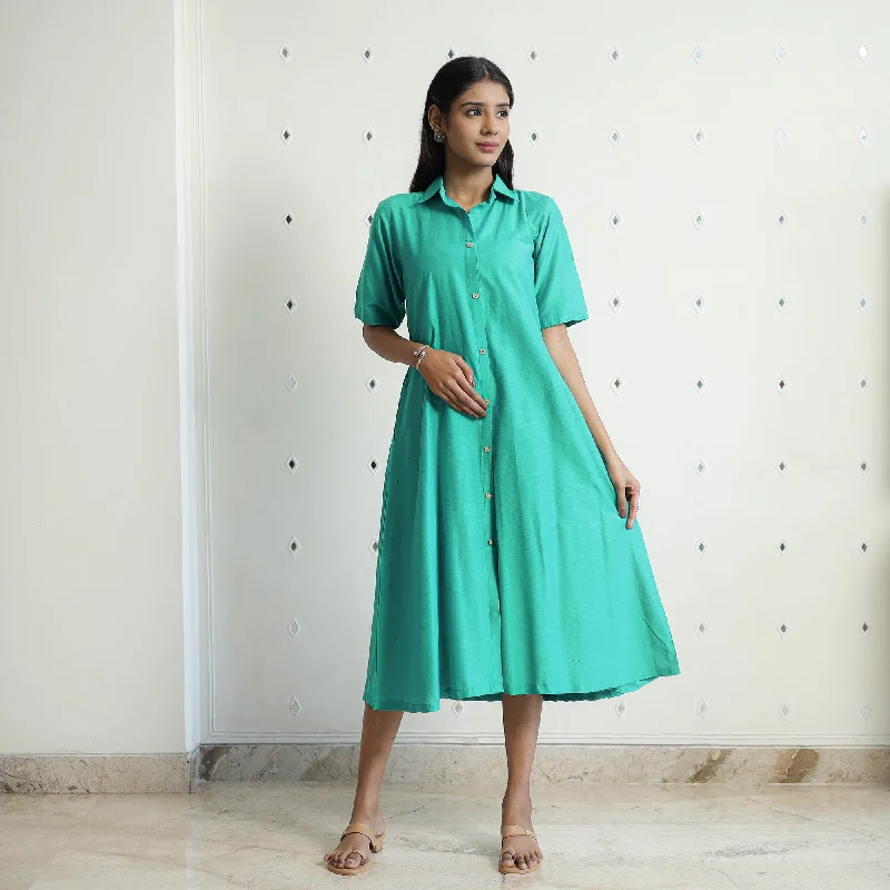 Green - Nithya Aqua Green Slub Silk Plain Dress