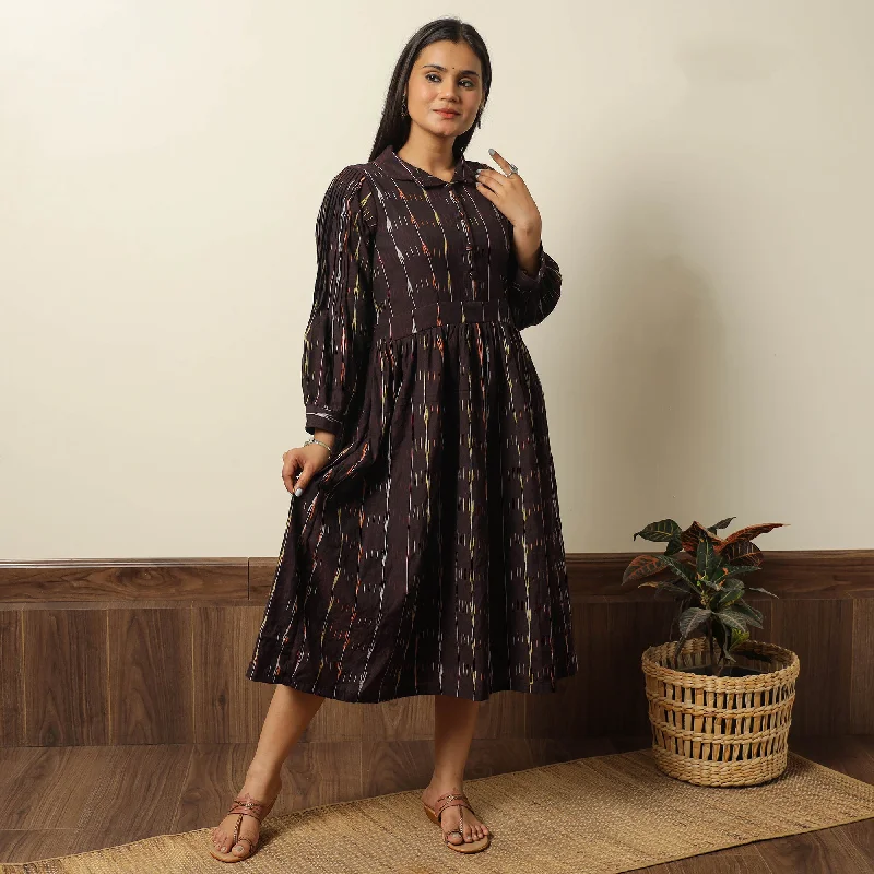 Steals and Deals Brown - Pochampally Ikat Weave Cotton Flared Dress 09