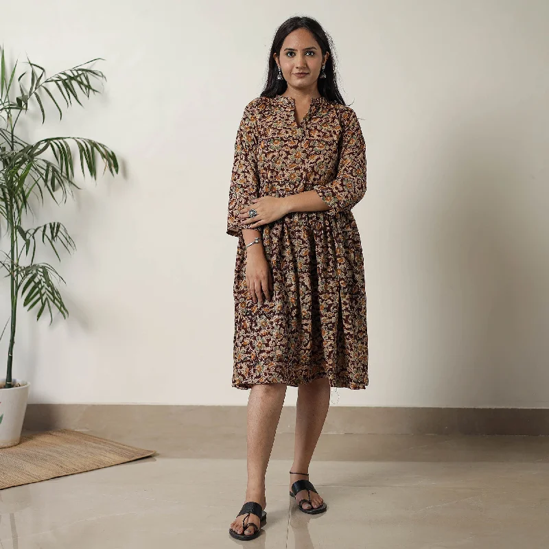 Maroon - Pedana Kalamkari Block Printed Cotton Flared Dress 03