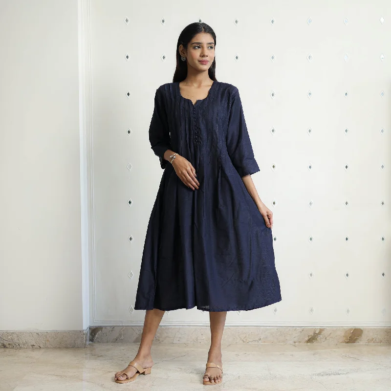 Act Fast Krishvi Navy Blue Slub Silk Plain Dress