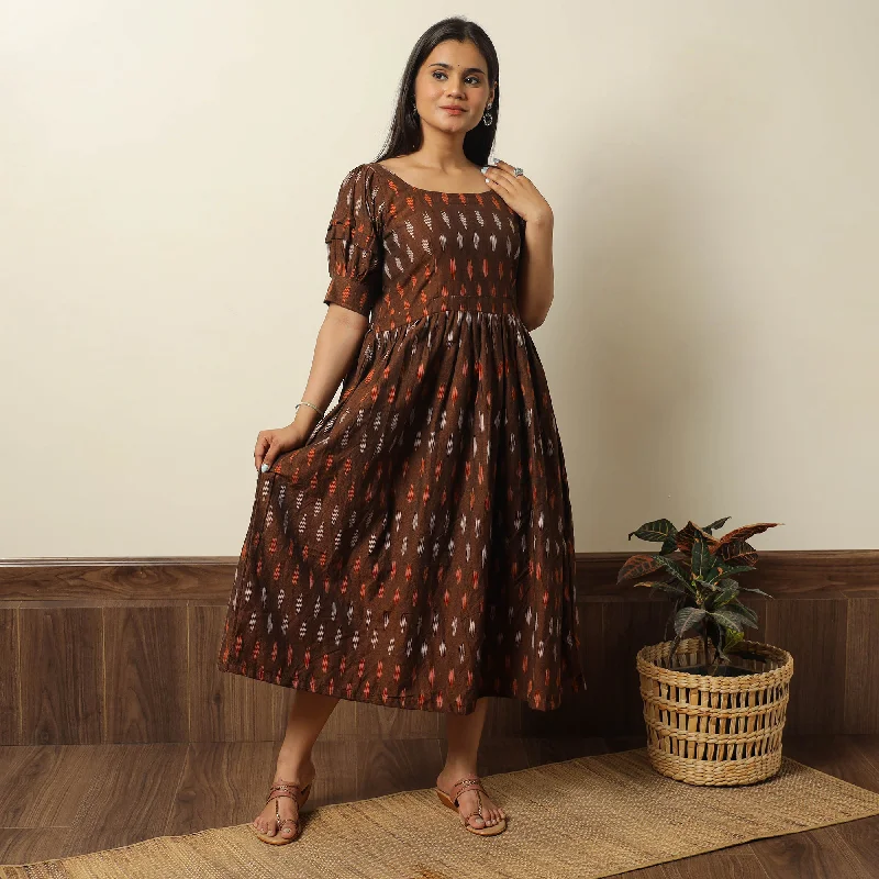 Limited Availability Brown - Pochampally Ikat Weave Cotton Flared Dress 14