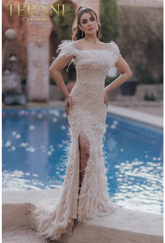 Low Prices Terani Couture 232GL1438 Long Formal Prom Feather Dress