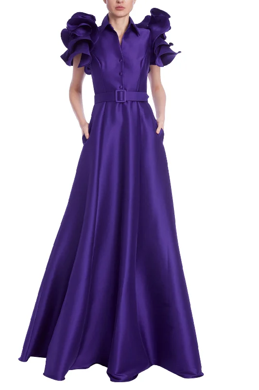 While Supplies Last Badgley Mischka EG4184 Formal Long Belted Ruffle Dress