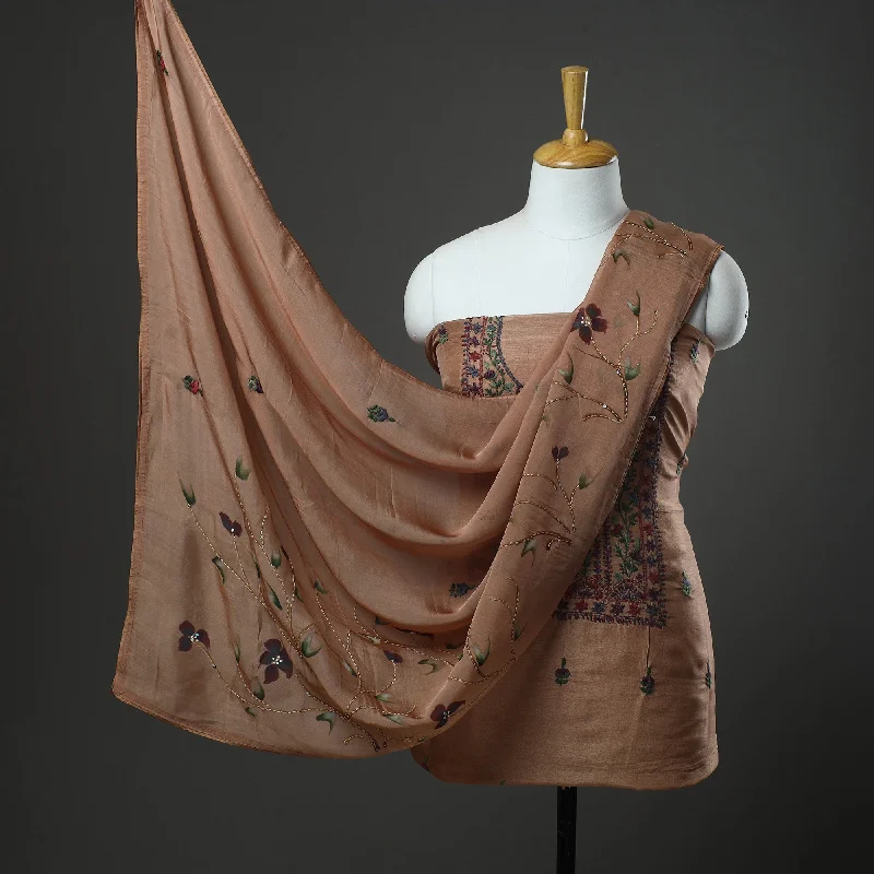 Final Markdown Brown - 3pc Hand Embroidery Dupion Silk Phulkari Dress Material 16