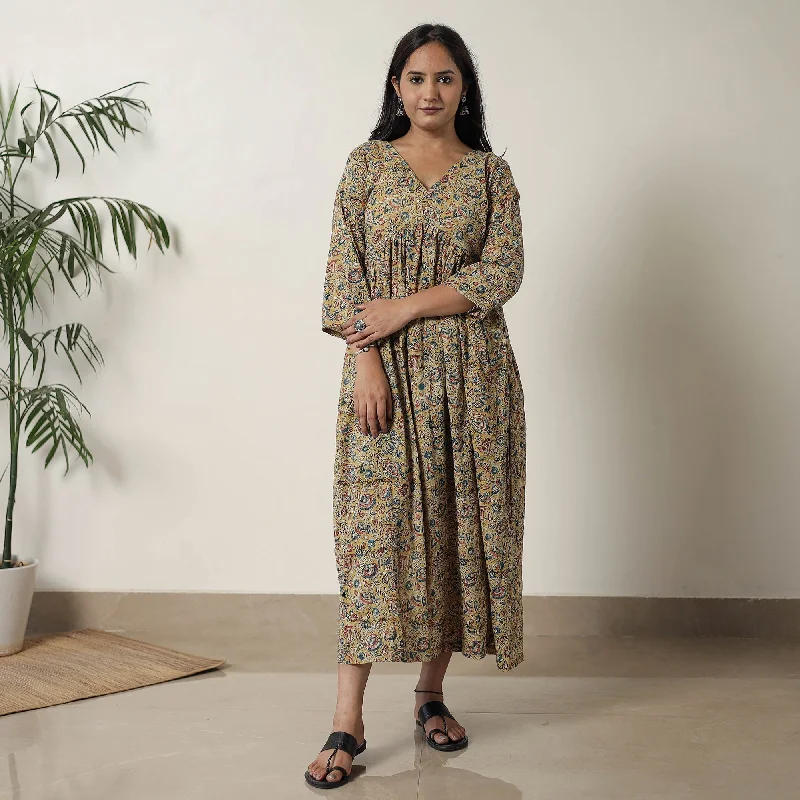 Yellow - Pedana Kalamkari Block Printed Cotton Flared Dress 07